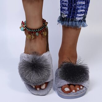 Vrouwen Faux Fur Thuis Slippers Furry Vloer Slippers Platform Schoenen Open Teen Platte Slippers Lady Winter Outdoor Indoor Slippers grijs / 36