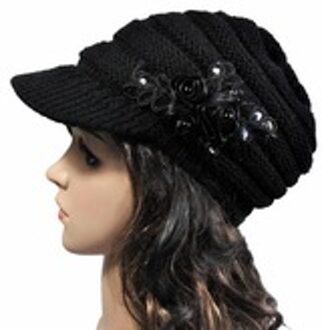 Vrouwen Gebreide Warme Muts Koreaanse Versie Van De Herfst En Winter Dames Hoed Rand Pailletten Applique Effen hoed zwart