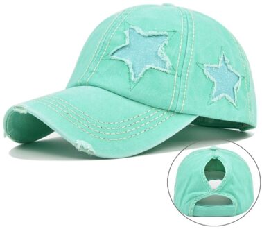 Vrouwen Gewassen Baseball Cap Glitter Ster Borduurwerk Verontruste Paardenstaart Gat Hoed groen