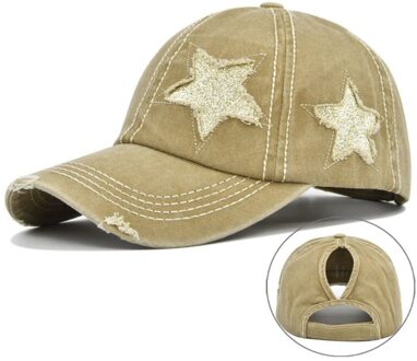 Vrouwen Gewassen Baseball Cap Glitter Ster Borduurwerk Verontruste Paardenstaart Gat Hoed khaki