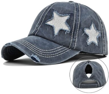 Vrouwen Gewassen Baseball Cap Glitter Ster Borduurwerk Verontruste Paardenstaart Gat Hoed Marineblauw