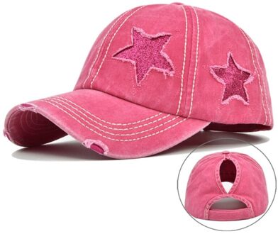 Vrouwen Gewassen Baseball Cap Glitter Ster Borduurwerk Verontruste Paardenstaart Gat Hoed Rood