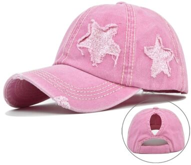 Vrouwen Gewassen Baseball Cap Glitter Ster Borduurwerk Verontruste Paardenstaart Gat Hoed Roze