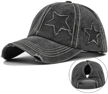 Vrouwen Gewassen Baseball Cap Glitter Ster Borduurwerk Verontruste Paardenstaart Gat Hoed zwart