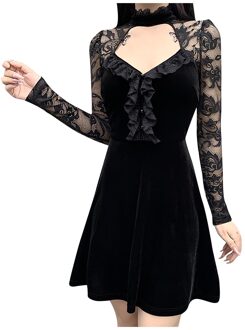 Vrouwen Gothic Dress Lange Mouwen Hollow Out Kant Patchwork Punk Jurk Herfst En Winter Bodycon Jurk Ropa De Mujer
