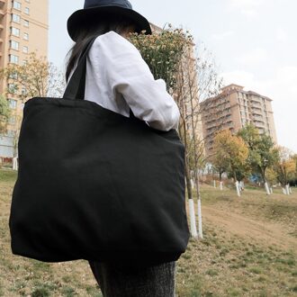 Vrouwen Grote Boodschappentas Vrouwelijke Canvas Doek Schoudertas Rits Milieu Opslag Handtas Herbruikbare Eco Kruidenier Zwarte Bakken zwart blank zak