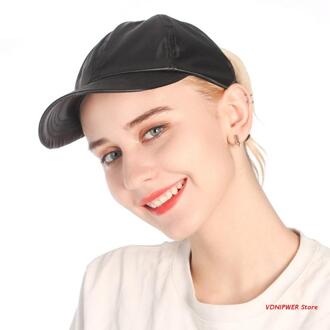 Vrouwen Half Lege Top Backless Paardenstaart Baseball Cap Kunstleer Effen Kleur Rommelige Hoge Broodje Elastische Zonneklep Trucker D08E zwart