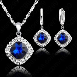 Vrouwen Heetste 925 Sterling Zilveren Sieraden Sets Classic Kleurrijke Ketting Oorbel Set Zirkoon Sieraden Voor Engagement blauw