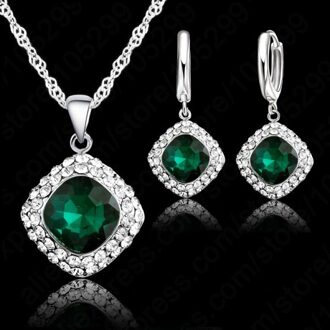 Vrouwen Heetste 925 Sterling Zilveren Sieraden Sets Classic Kleurrijke Ketting Oorbel Set Zirkoon Sieraden Voor Engagement groen