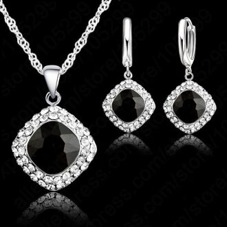 Vrouwen Heetste 925 Sterling Zilveren Sieraden Sets Classic Kleurrijke Ketting Oorbel Set Zirkoon Sieraden Voor Engagement zwart
