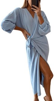 Vrouwen Herfst Winter Effen Kleur Lange Mouw Gebreide Wrap Riem Jurk Maxi Gewaad Blauw