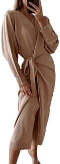 Vrouwen Herfst Winter Effen Kleur Lange Mouw Gebreide Wrap Riem Jurk Maxi Gewaad khaki