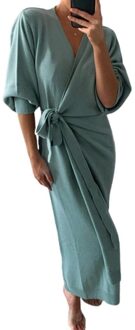 Vrouwen Herfst Winter Effen Kleur Lange Mouw Gebreide Wrap Riem Jurk Maxi Gewaad licht groen