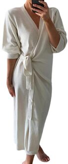 Vrouwen Herfst Winter Effen Kleur Lange Mouw Gebreide Wrap Riem Jurk Maxi Gewaad wit