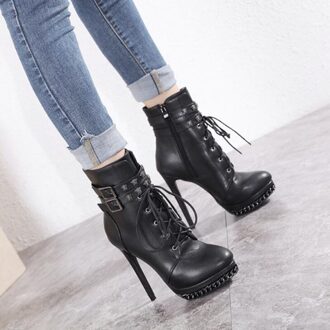 Vrouwen Herfst Winter Schoenen Mode Kruis Gebonden Platform Enkellaarsjes 13Cm Ultra Hoge Hakken Ronde Neus Botas 36