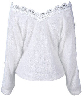 Vrouwen Herfst Witte Trui V-hals Lange Mouwen Casual Loose Trui Jumper Lace Panel Top Trui XL