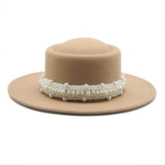 Vrouwen Hoeden Ronde Top Parel Band Formele Lente Mannen Vrouwen Vilten Hoeden Jazz Kerk Wedding Solid Klassieke Riem Zwarte Fedora hoeden kameel