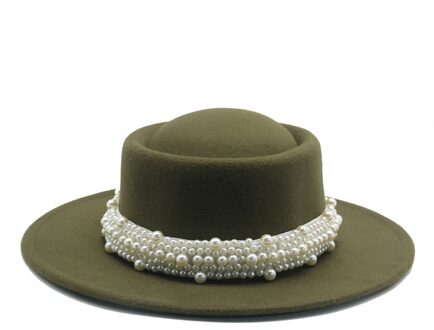 Vrouwen Hoeden Ronde Top Parel Band Formele Lente Mannen Vrouwen Vilten Hoeden Jazz Kerk Wedding Solid Klassieke Riem Zwarte Fedora hoeden leger groen