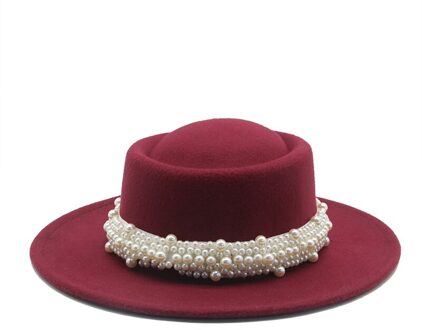Vrouwen Hoeden Ronde Top Parel Band Formele Lente Mannen Vrouwen Vilten Hoeden Jazz Kerk Wedding Solid Klassieke Riem Zwarte Fedora hoeden wijn rood