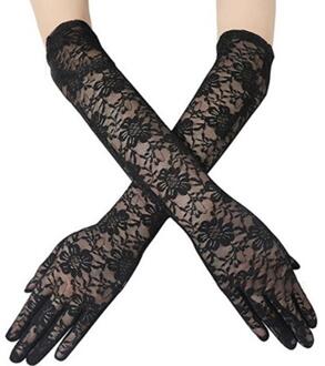 Vrouwen Hollow Out Haak Bloemen Kant Lange Bruiloft Handschoenen Effen Kleur Lengte Bridal Prom Banket Party Volledige Vinger Wanten zwart