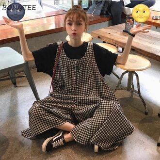 Vrouwen Jumpsuits Plaid Oversize Wijde Pijpen Enkele Breasted Grote Zak Zoete Leuke Koreaanse Stijl College All-Match Bf leisure