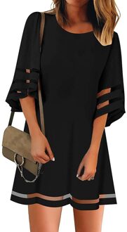 Vrouwen Jurk O-hals Mesh Stiksels Overhemd Drie-Kwart Mouwen Flared Mouwen Losse Blouse Jurken vrouwen