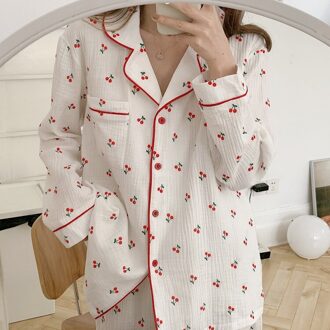 Vrouwen Katoen Lange Mouw Pajamase Set Cherry Home Kleding Revers Kraag Pocket Shirts Broek 2 Delige Set Nachtkleding Thuis Set y112 rood