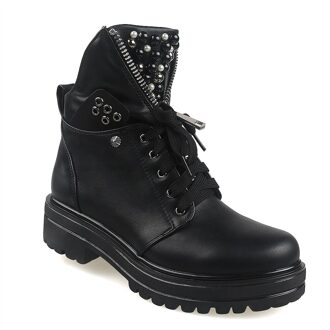 Vrouwen Korte Laarzen Dames Lederen Enkellaarsjes Herfst Platform Motorcycle Schoenen Voor Vrouw Punk Winter Parel Klinknagel Mode 36