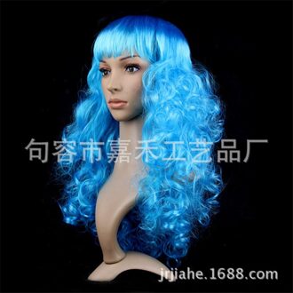 Vrouwen Lady Carnaval Lange Golf Krullend Haar Pruik Meisje Verjaardagsfeestje Cosplay Dress Up Accessoires Europese Amecian Lady Roll Pruik cap licht blauw