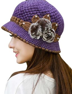 Vrouwen Lady Winter Warm Casual Caps Vrouwelijke Mooie Wol Haak Gebreide Bloemen Versierd Oren Hoeden Motorkap Femme Hiver paars