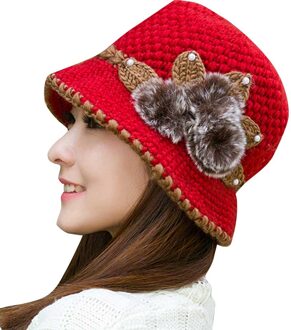 Vrouwen Lady Winter Warm Casual Caps Vrouwelijke Mooie Wol Haak Gebreide Bloemen Versierd Oren Hoeden Motorkap Femme Hiver rood