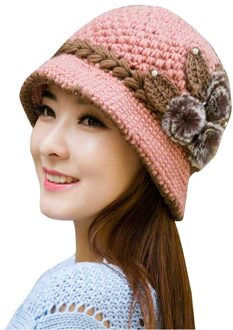 Vrouwen Lady Winter Warm Casual Caps Vrouwelijke Mooie Wol Haak Gebreide Bloemen Versierd Oren Hoeden Motorkap Femme Hiver roze