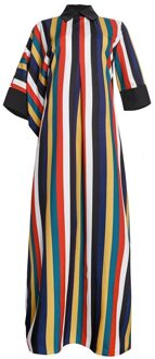 Vrouwen Lange Maxi Jurken 3/4 Mouwen Gestreept Patchwork Casual Lange Jurk Losse Vrouwelijke Mode Vrouwen Moslim Abaya Kleding Blauw