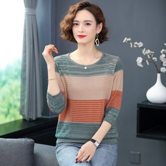 Vrouwen Lange Mouw Alle-Wedstrijd Gebreide Trui Mode Patchwork O-hals Vintage Streep Harajuku Sweater Tops licht groen