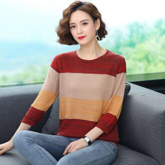 Vrouwen Lange Mouw Alle-Wedstrijd Gebreide Trui Mode Patchwork O-hals Vintage Streep Harajuku Sweater Tops rood