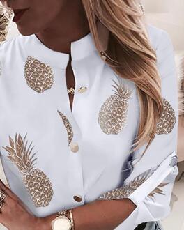 Vrouwen Lange Mouwen Gouden Ananas Print Blouse V-hals Shirt Kantoor Dames Partij Elegante Streetwear Femininas Plus Size