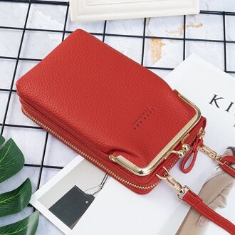 Vrouwen Lange Portemonnee Schoudertas Purse Rits Telefoon Zak Kaarthouder Effen Messenger Top Mode Kleine Pu Luxe Handtas rood