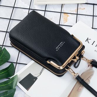 Vrouwen Lange Portemonnee Schoudertas Purse Rits Telefoon Zak Kaarthouder Effen Messenger Top Mode Kleine Pu Luxe Handtas zwart