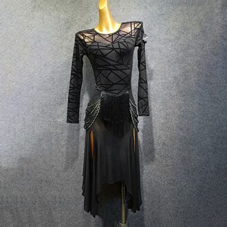 Vrouwen Latin Dans Jurk Korte Mouw Rimpel Dansen Practise Doek Samba Tango Chacha Dancing Performamnce W340 lang sleeve / Xl