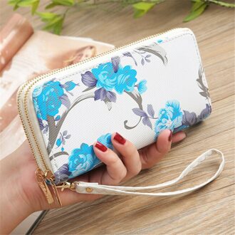Vrouwen Lederen Dames Elegante Rose Gedrukt Portemonnee Lange Dubbele Rits Portemonnee Kaarthouder Case Clutch Telefoon Portefeuilles Blauw