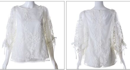Vrouwen Lente Zomer O-hals Half Mouwen Ruches Lace Bloem Blouse Borduren Shivering Chiffon Lady Kleding Wit FS0518