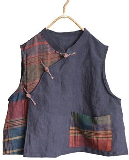 Vrouwen Losse Patchwork Linnen Vest Dames Lente Zomer Spliced Retro Mouwloze Tops Vrouwelijke Lente Zomer Vesten Bluegray