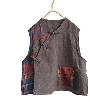 Vrouwen Losse Patchwork Linnen Vest Dames Lente Zomer Spliced Retro Mouwloze Tops Vrouwelijke Lente Zomer Vesten grijs