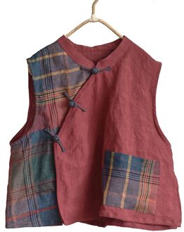 Vrouwen Losse Patchwork Linnen Vest Dames Lente Zomer Spliced Retro Mouwloze Tops Vrouwelijke Lente Zomer Vesten Rood