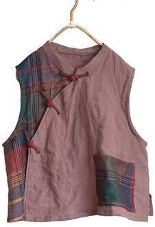 Vrouwen Losse Patchwork Linnen Vest Dames Lente Zomer Spliced Retro Mouwloze Tops Vrouwelijke Lente Zomer Vesten Roze