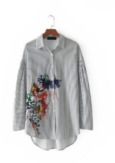 Vrouwen Lovertjes Borduren Gestreepte Print Sparkles Katoenen Shirt Blouse Lange Mouw Werkkleding Kantoor Dames Top Camisa Blusa Mujer