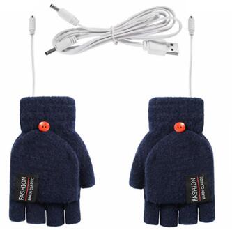Vrouwen Mannen Elektrische 5V Usb Verwarmde Handschoenen Wasbare Gebreide Verwarming Half-Vinger Handschoenen Voor Kantoor School Werken Sport donker blauw