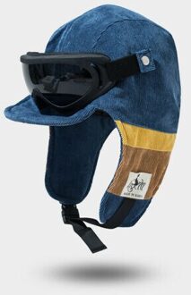 Vrouwen Mannen Winddicht Cap Met Glazen Herfst Winter Fietsen Keep Warm Oorklep Hoed Ski Maskers Blauw