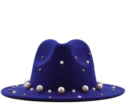 Vrouwen Mannen Wol Fedora Hoed Met Grote Parel Gentleman Lady Winter Herfst Brede Rand Kerk Panama Sombrero Jazz cap blauw