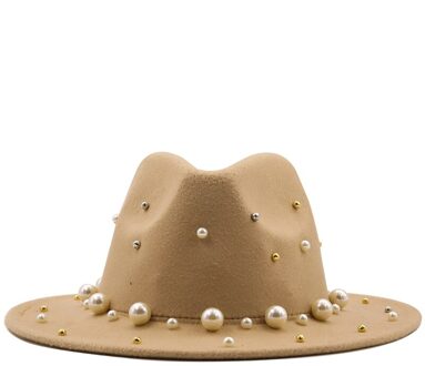 Vrouwen Mannen Wol Fedora Hoed Met Grote Parel Gentleman Lady Winter Herfst Brede Rand Kerk Panama Sombrero Jazz cap bruinen